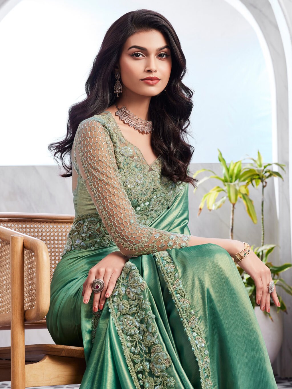 Radiant Sea Green Sheer Chiffon Lightweight Weave Saree - Image 2