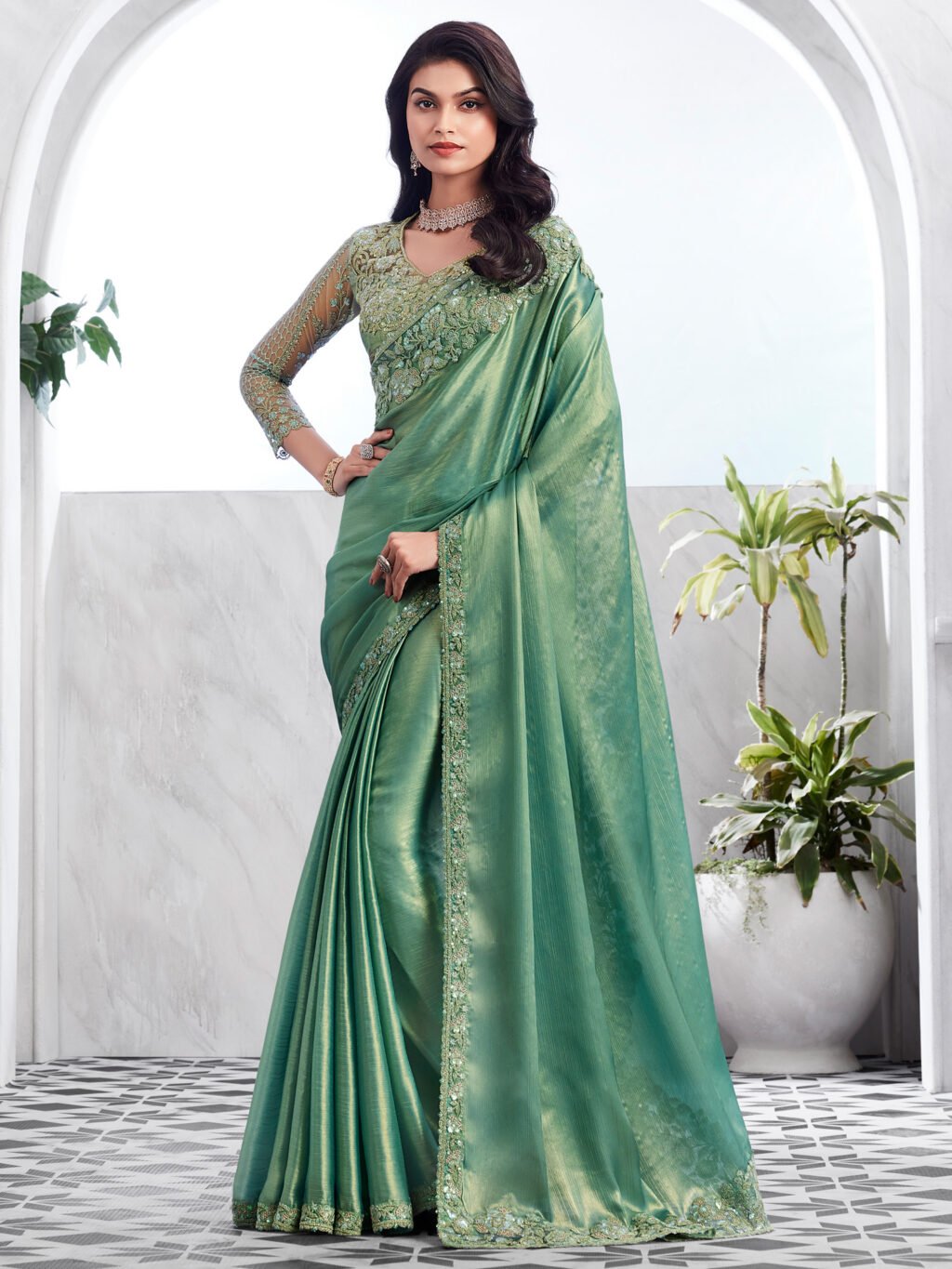 Radiant Sea Green Sheer Chiffon Lightweight Weave Saree