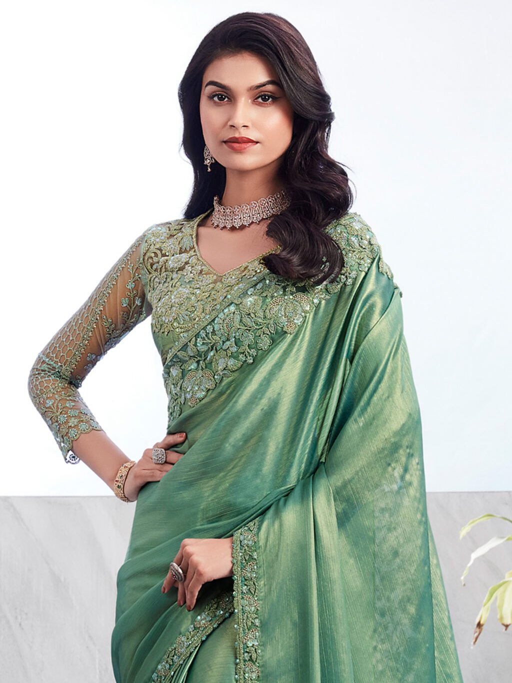 Radiant Sea Green Sheer Chiffon Lightweight Weave Saree - Image 3