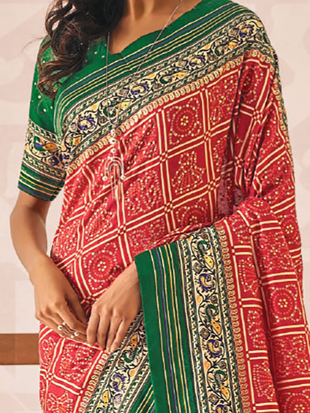 Radiant Red Bandhani Silk Saree - Image 3