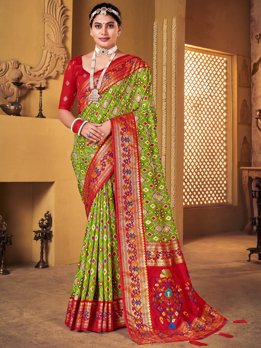 Traditional  Green Ikat Silk Saree