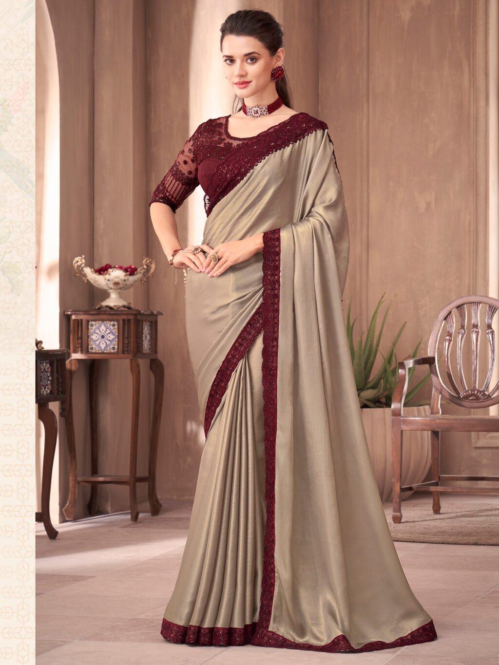 Elegant Beige Designer Georgette Saree