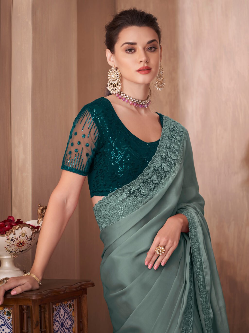 Heritage Sea Green Designer Georgette Zari Saree - Image 2