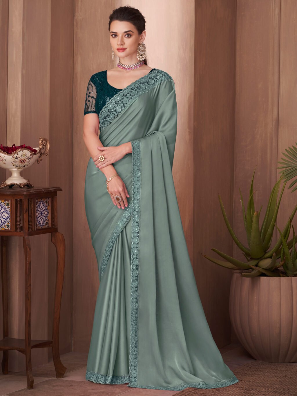 Heritage Sea Green Designer Georgette Zari Saree