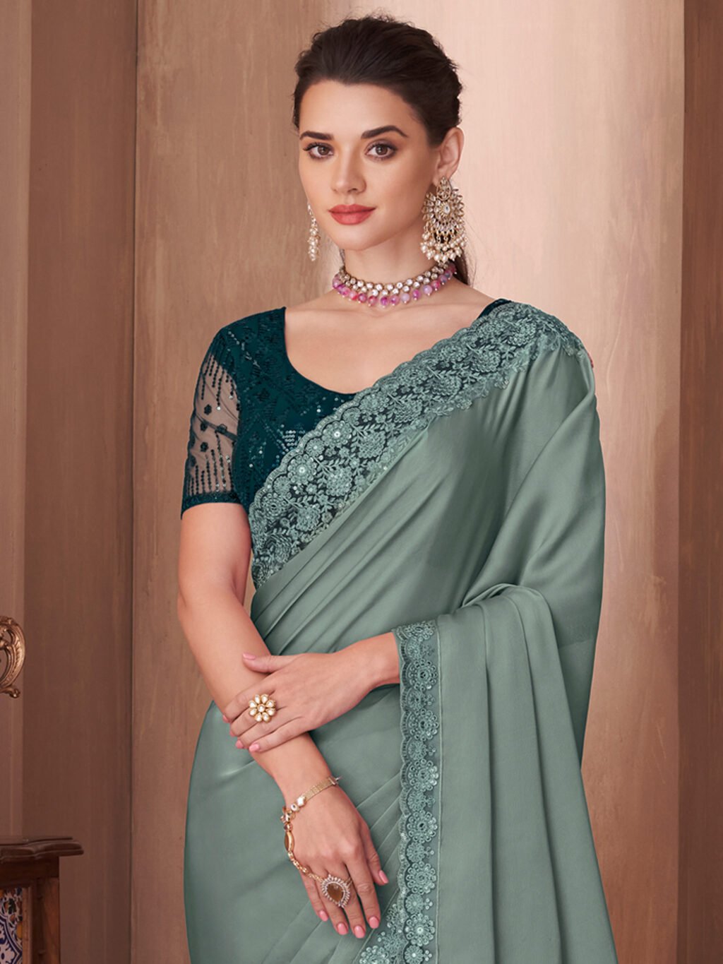 Heritage Sea Green Designer Georgette Zari Saree - Image 3