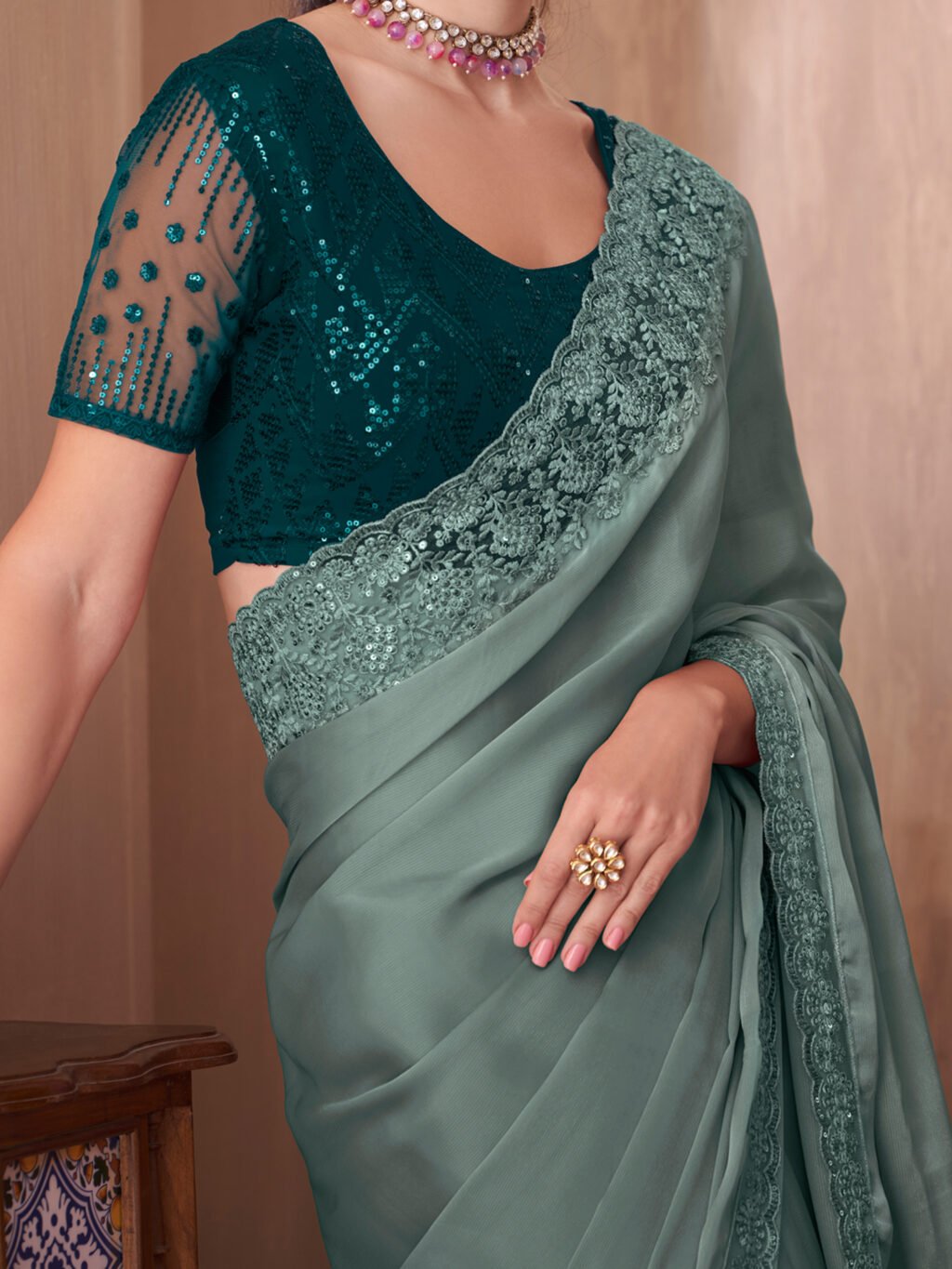 Heritage Sea Green Designer Georgette Zari Saree - Image 4