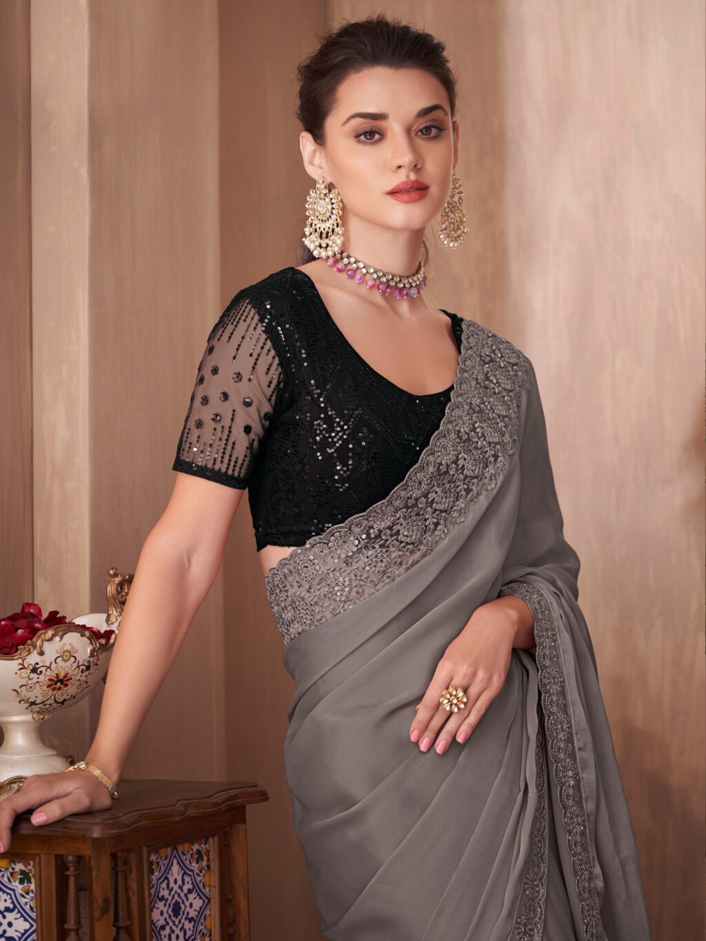 Heritage Grey Designer Georgette Zari Saree - Image 2