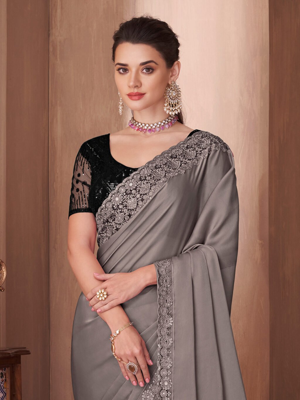 Heritage Grey Designer Georgette Zari Saree - Image 3