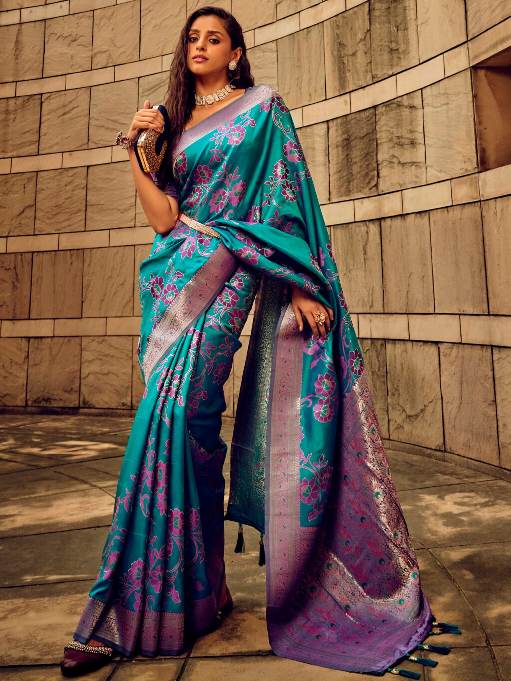 Radiant Teal Blue Satin Floral Motifs Exclusive Saree