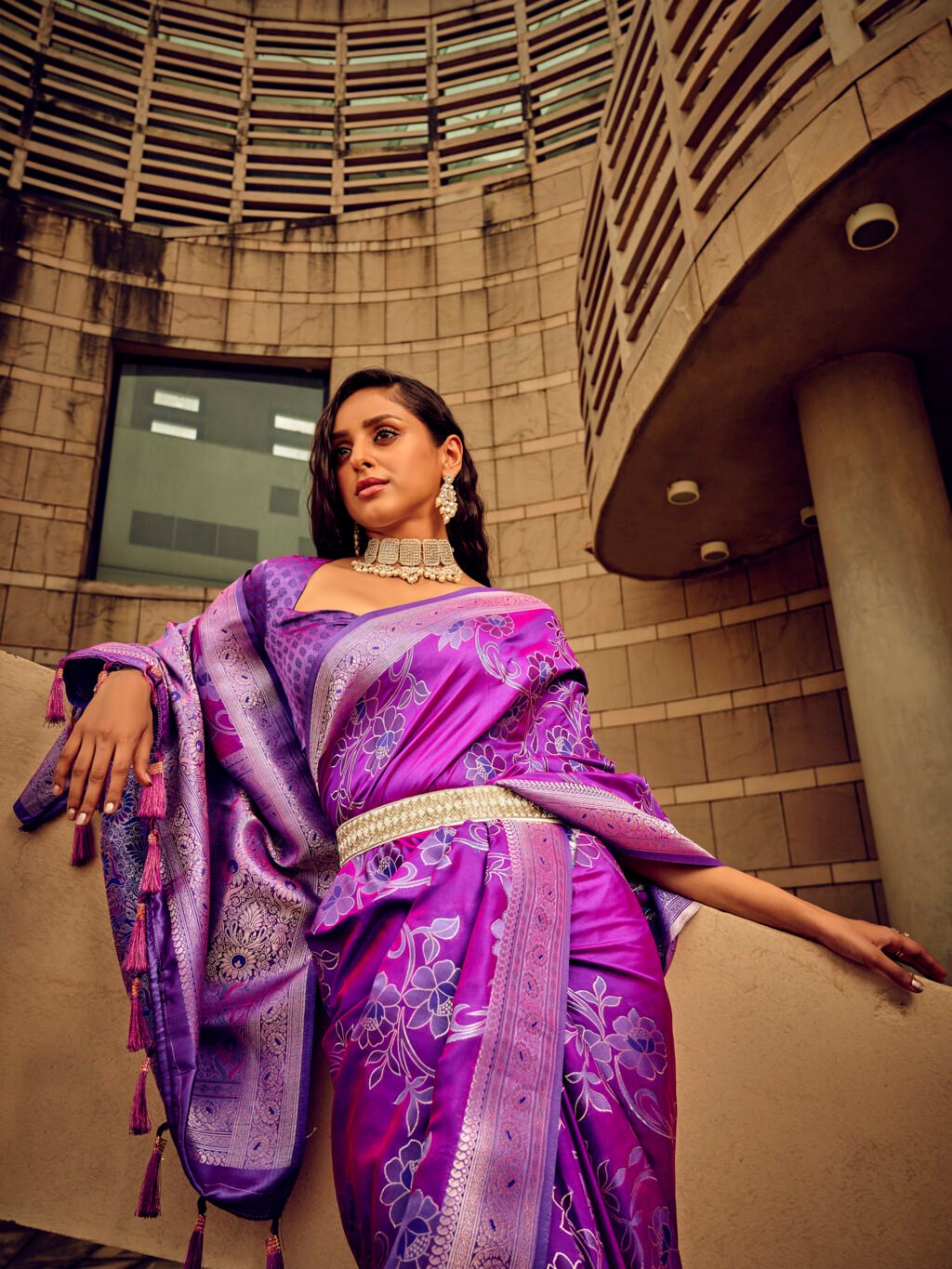 Opulent Magenta Satin Floral Motifs Saree - Image 2