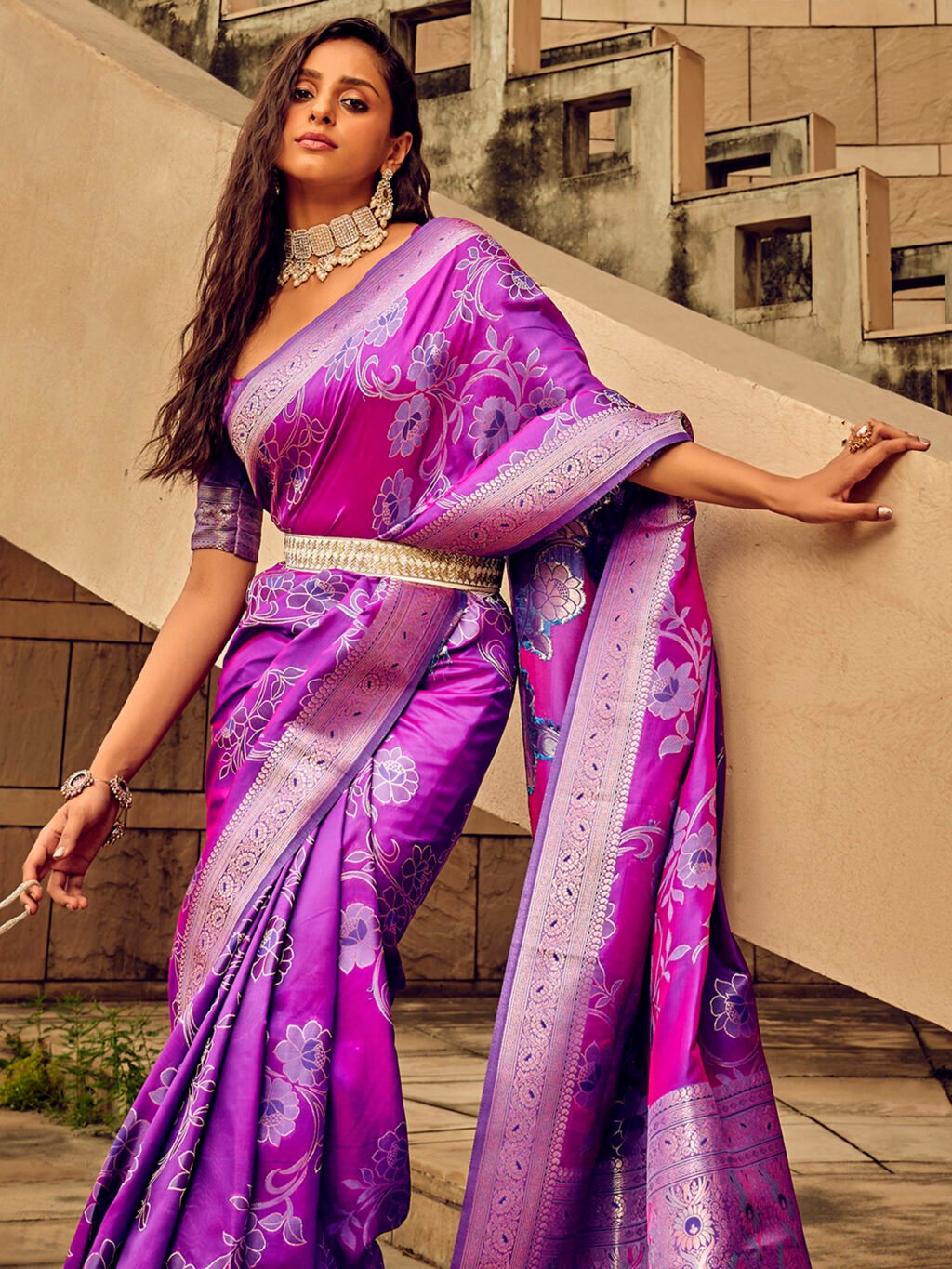 Opulent Magenta Satin Floral Motifs Saree - Image 3