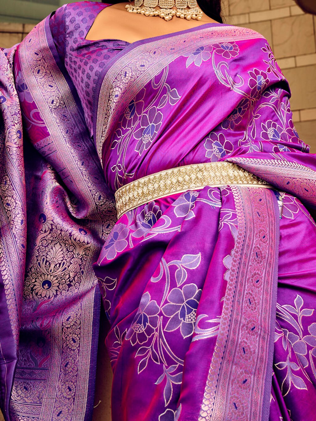 Opulent Magenta Satin Floral Motifs Saree - Image 4