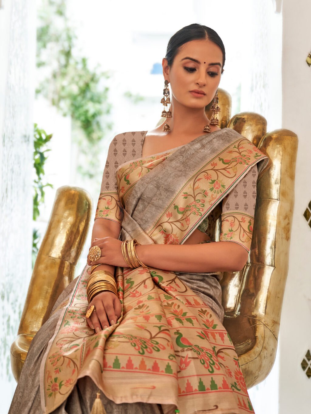 Radiant Charcoal Grey Paithani Silk Saree - Image 2