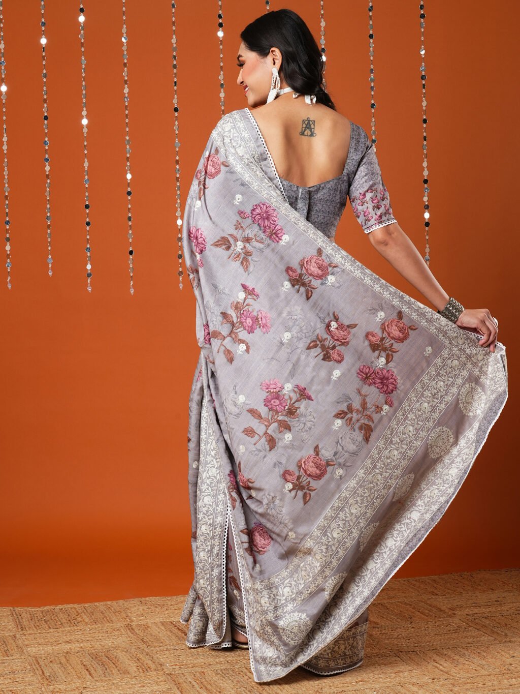 Regal Grey Floral Print Dola Silk Saree - Image 3
