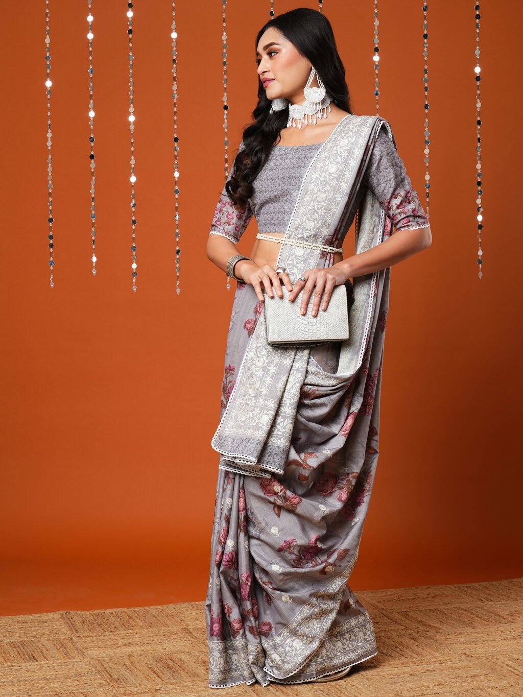 Regal Grey Floral Print Dola Silk Saree - Image 4