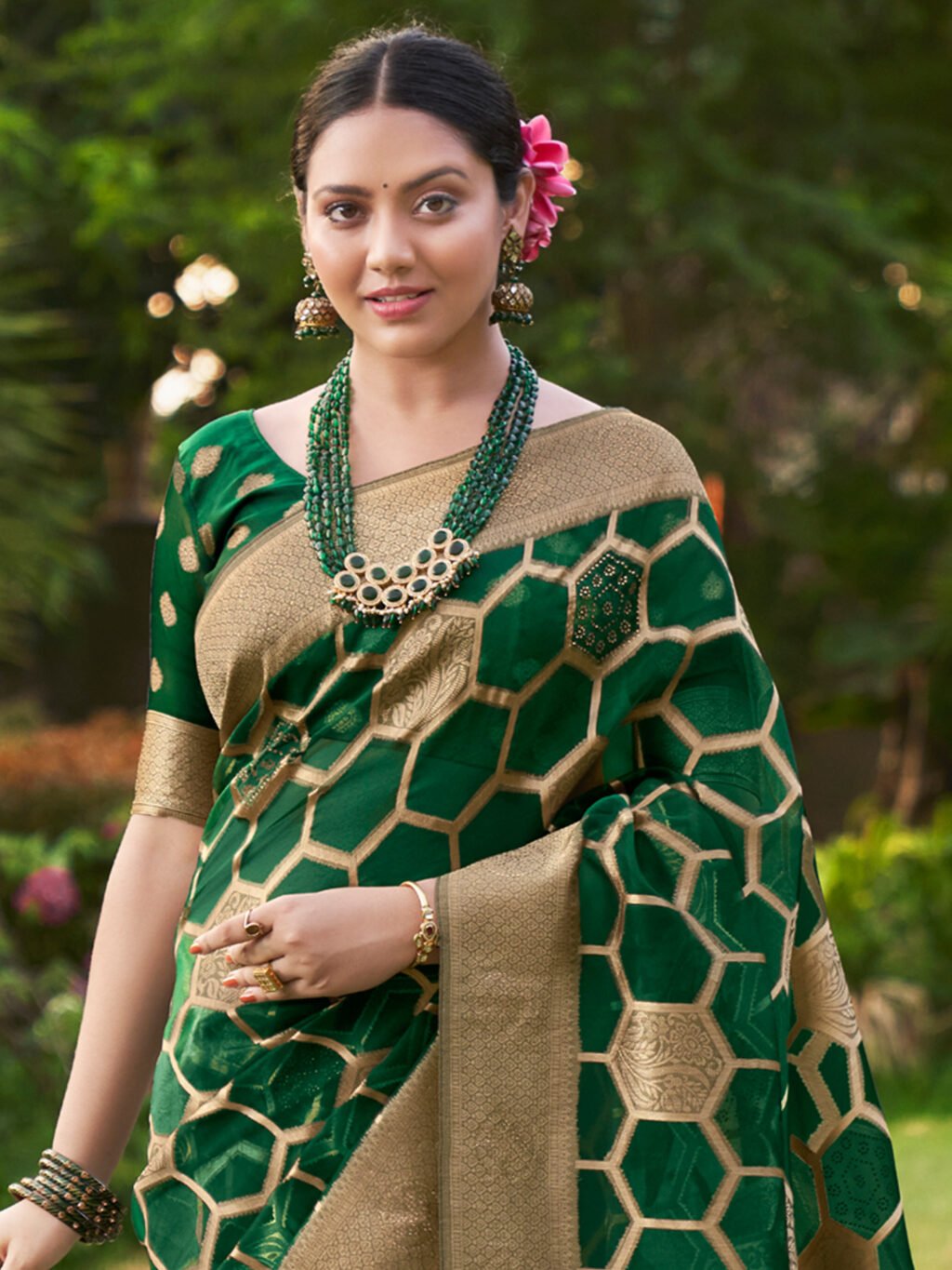 Timeless Green Organza Zari Banarasi Saree - Image 2
