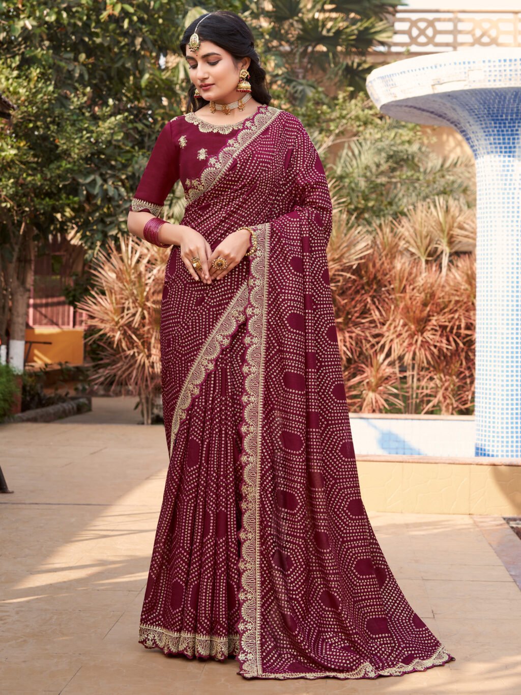 Magenta Bandhani Georgette Saree