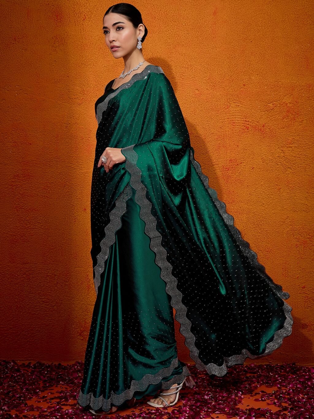 Elegant Green Satin Digital Print Distinct Saree - Image 3