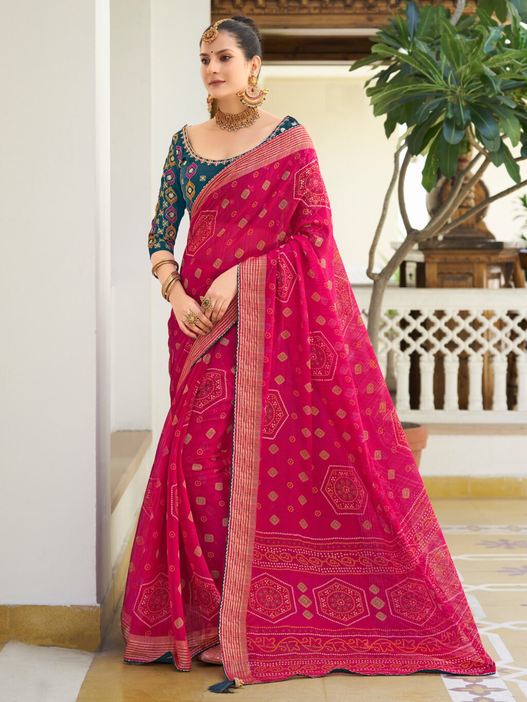 Pink Sheer Chiffon Bandhani Saree
