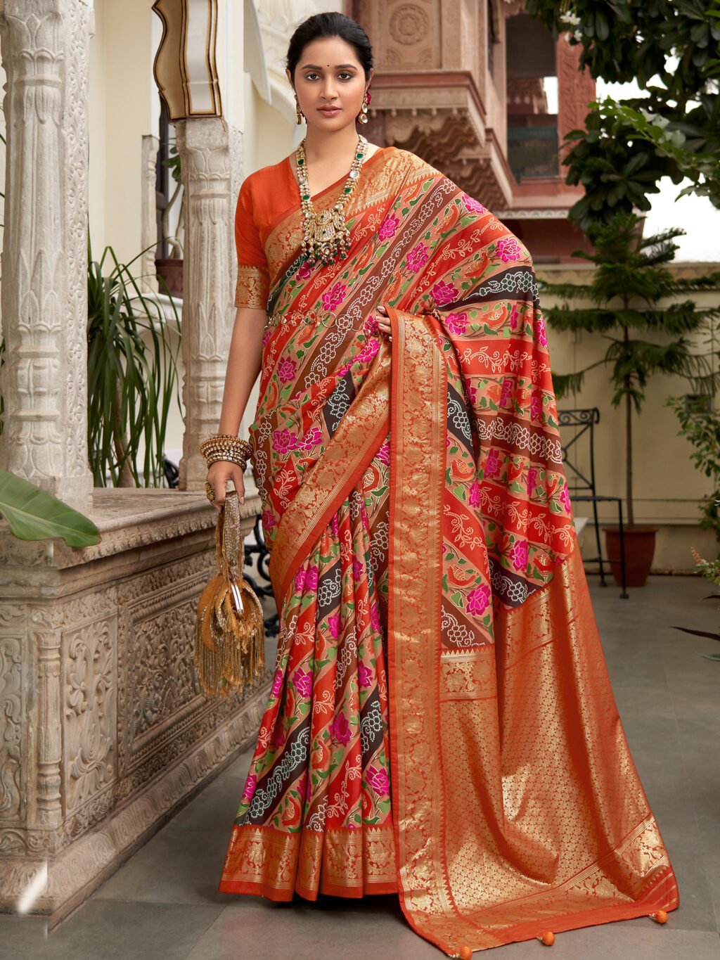 Orange Printed Silk  Saree