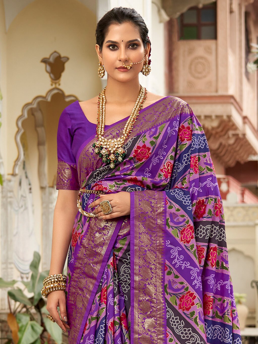 Exquisite Purple Printed Floral Silk Saree - Image 2