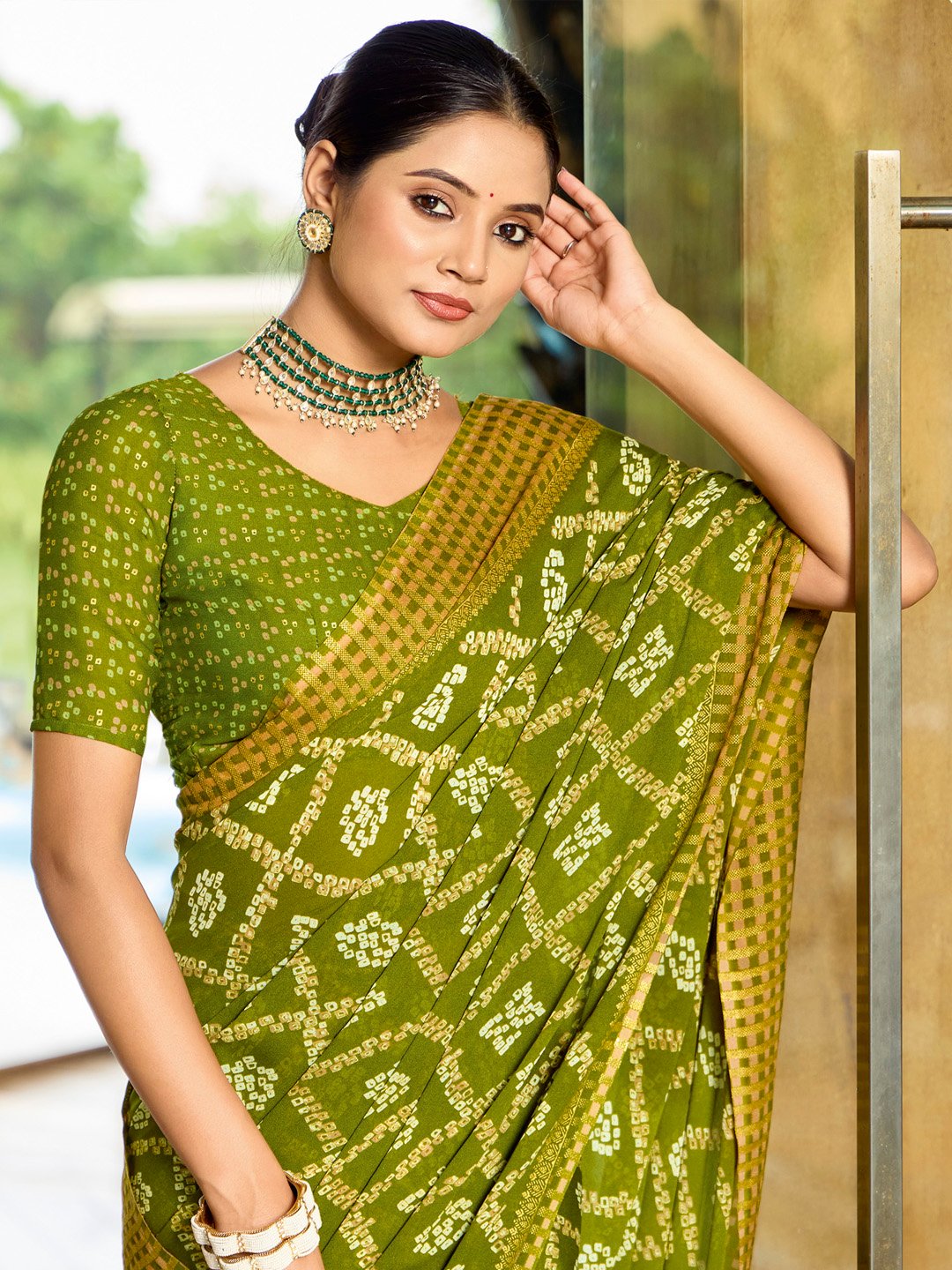 Green Bandhani Print Saree