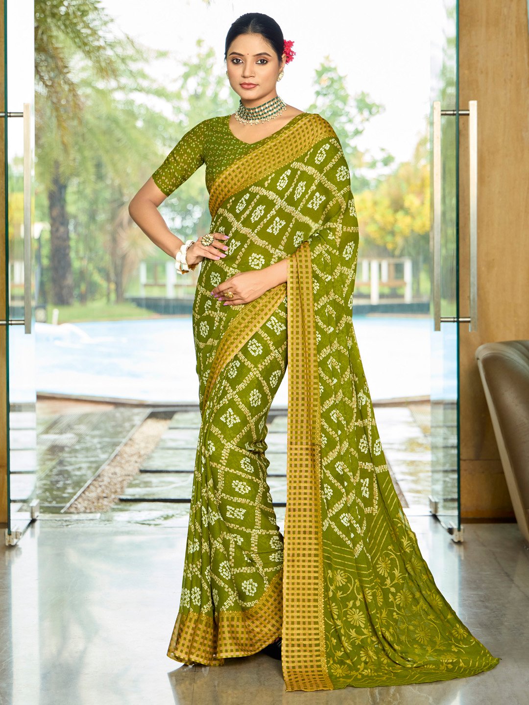 Green Bandhani Print Saree