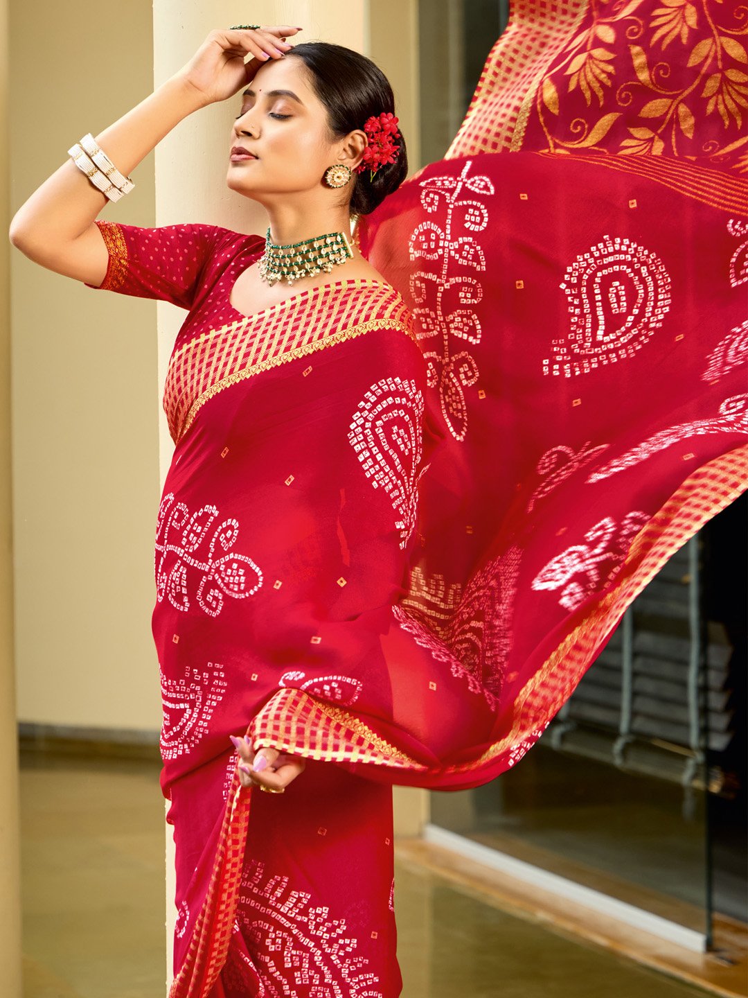 Radiant Red Bandhani Print Saree