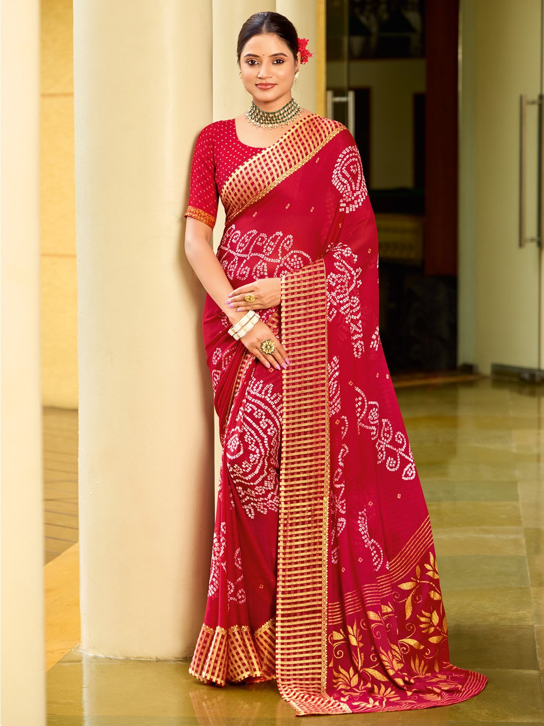 Radiant Red Bandhani Print Saree