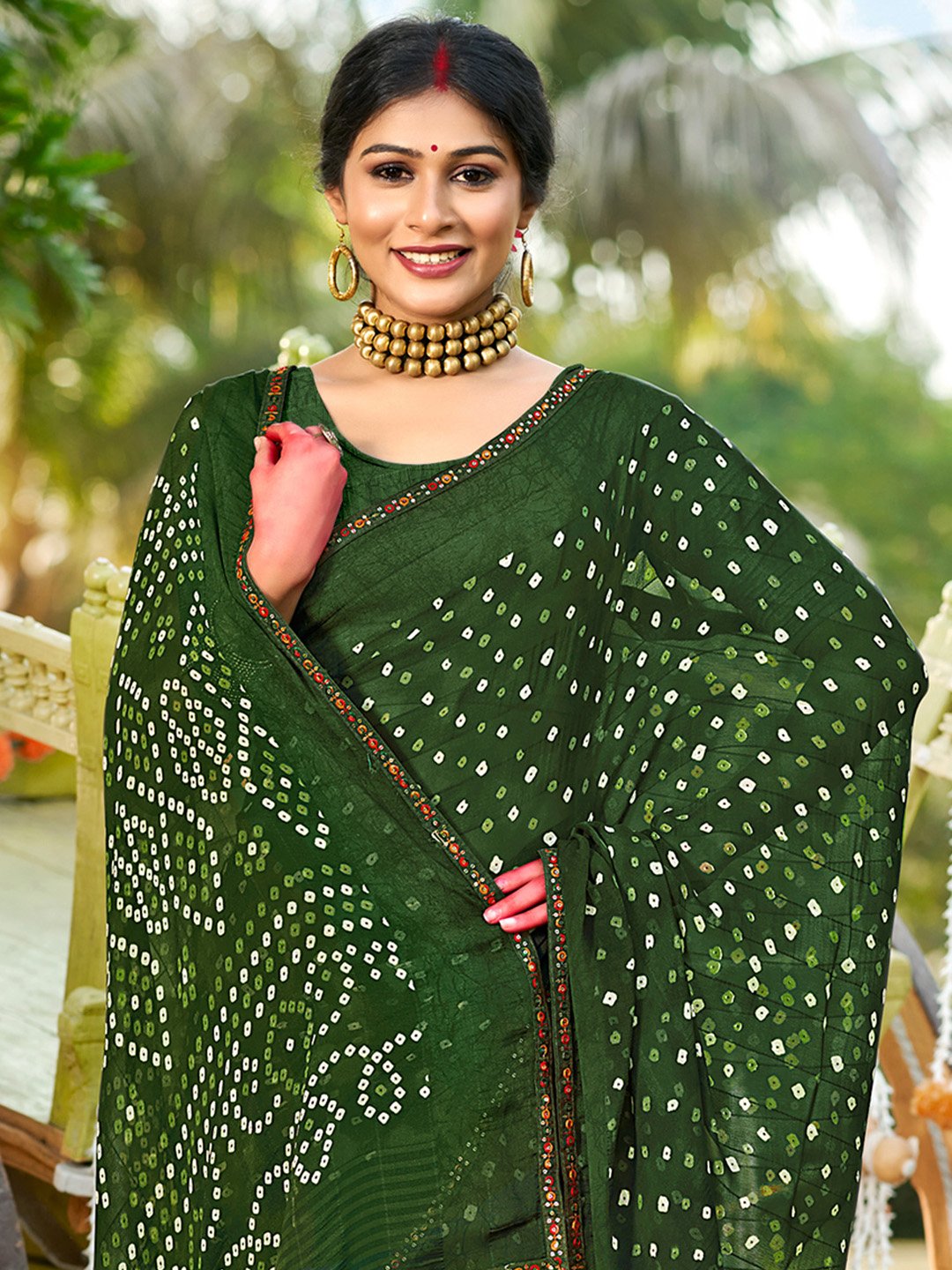 Olive Bandhani Print Saree