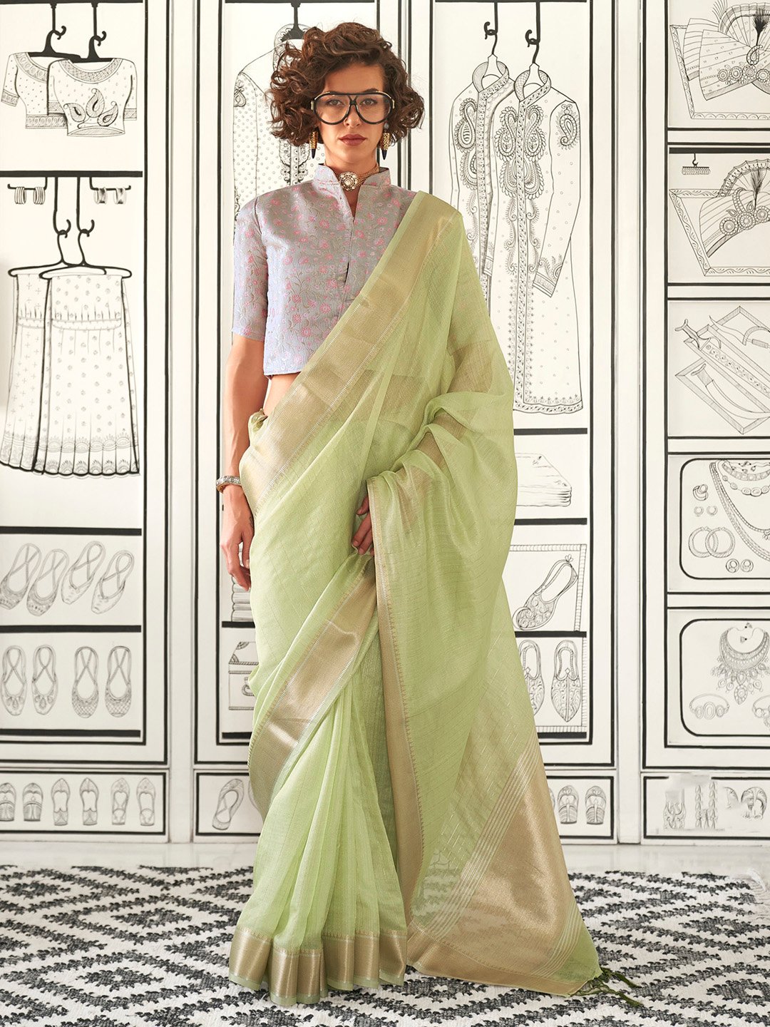 Opulent Light Green Sheer Chiffon Lightweight Weave Saree