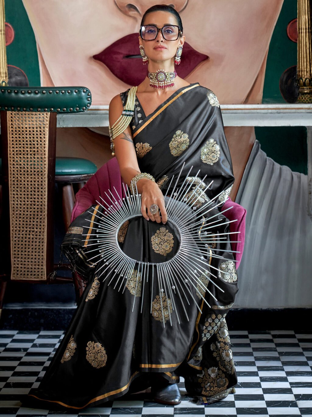 Heritage Black Satin Floral Motifs Exclusive Saree - Image 2