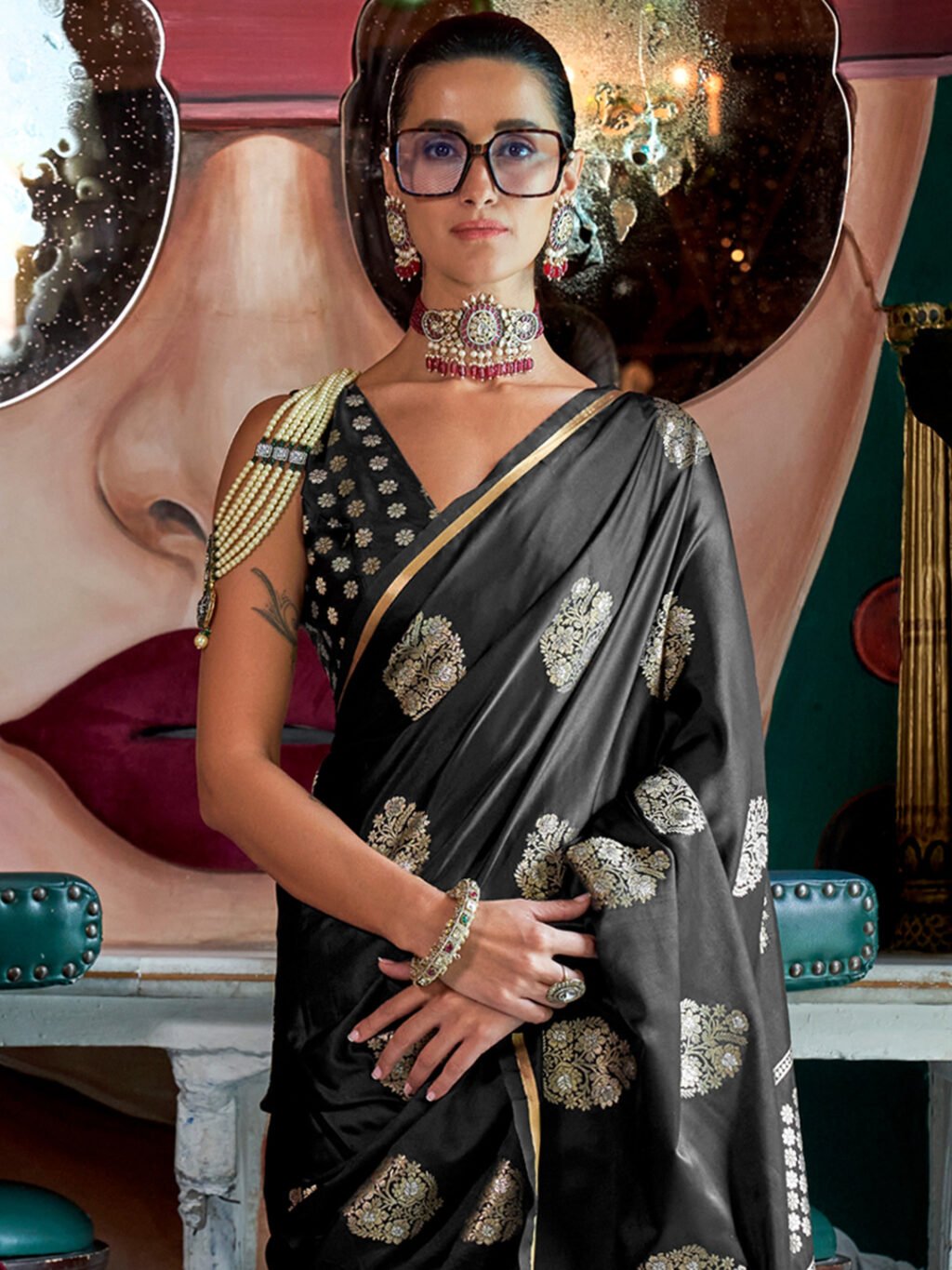 Heritage Black Satin Floral Motifs Exclusive Saree - Image 3