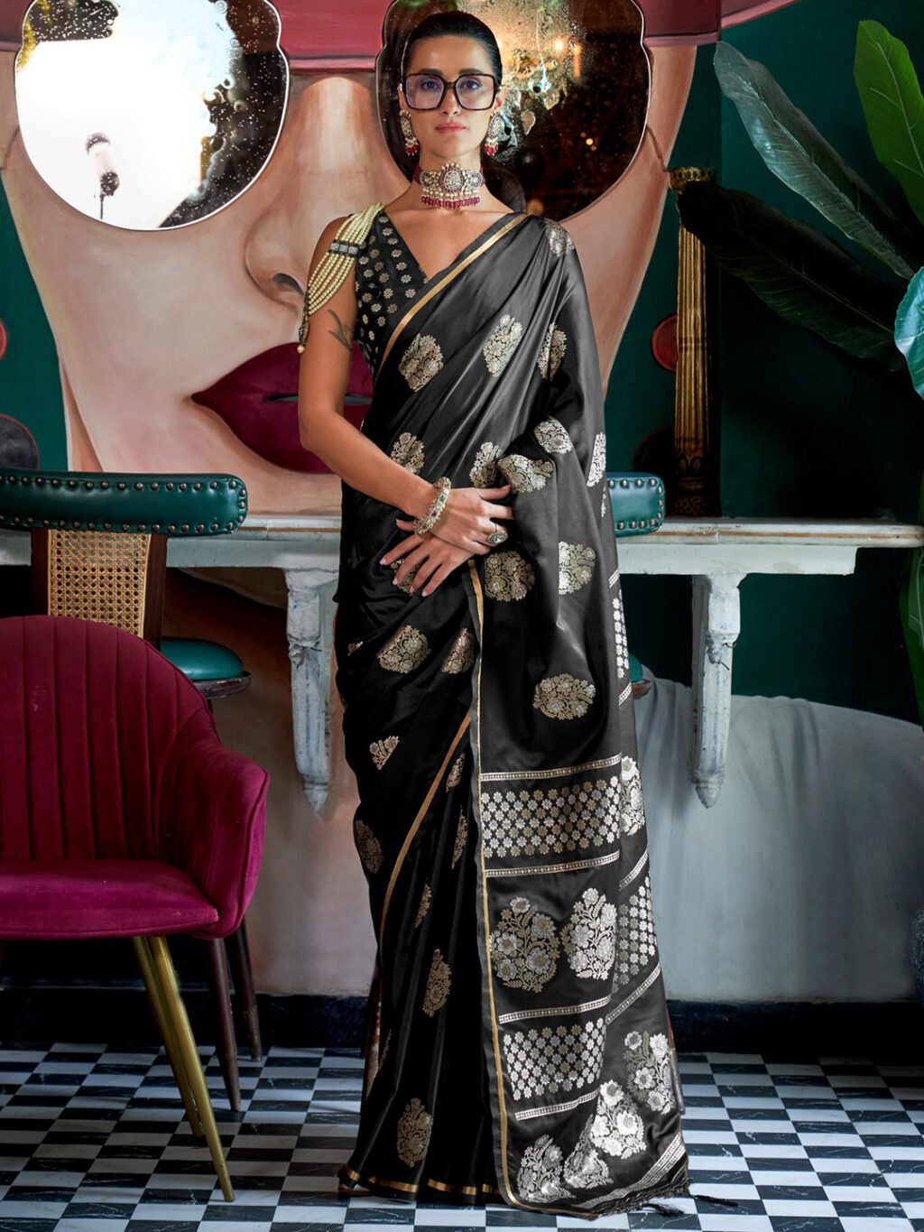 Heritage Black Satin Floral Motifs Exclusive Saree