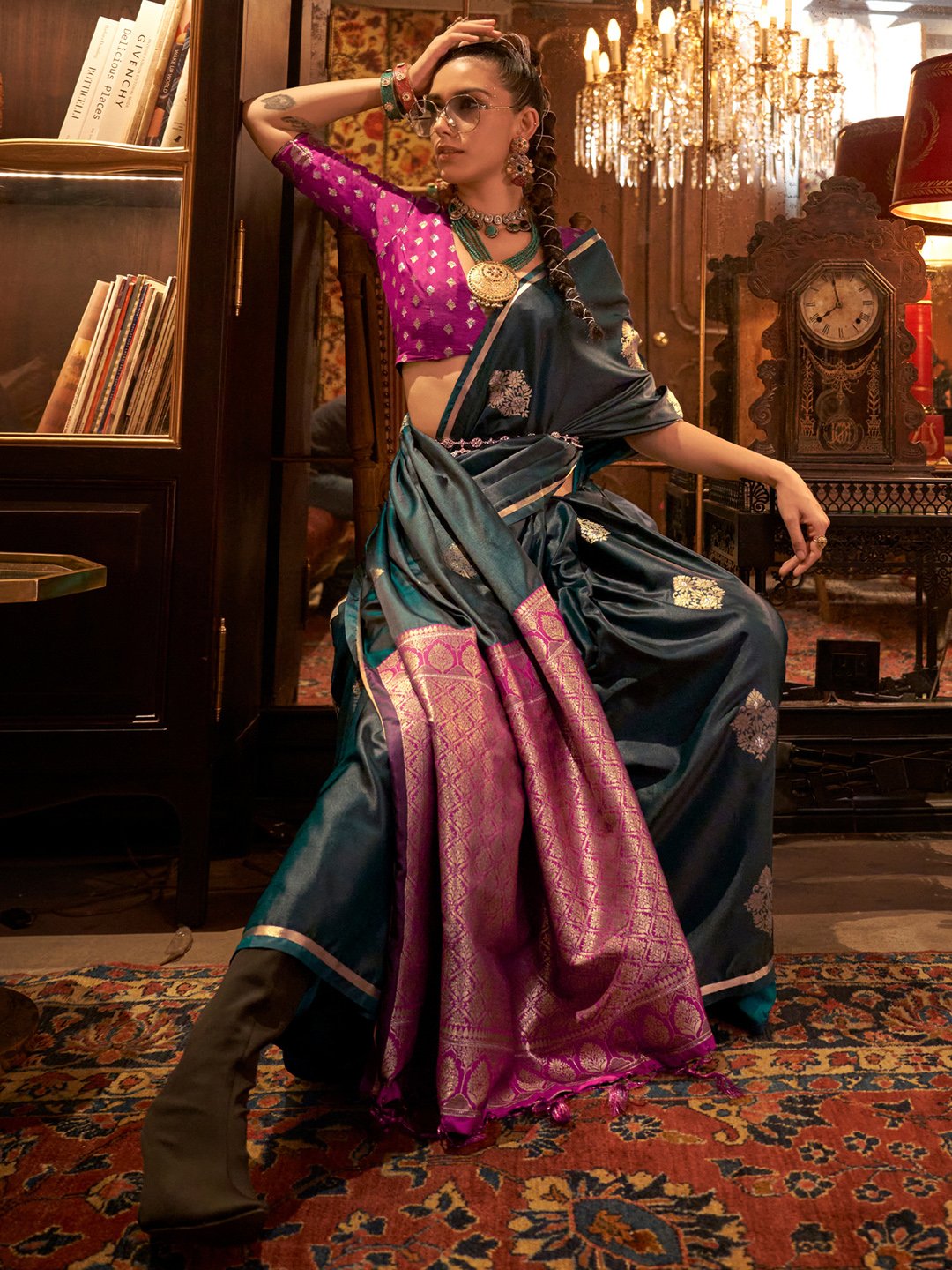 Exquisite Dark Green Satin Digital Print Saree