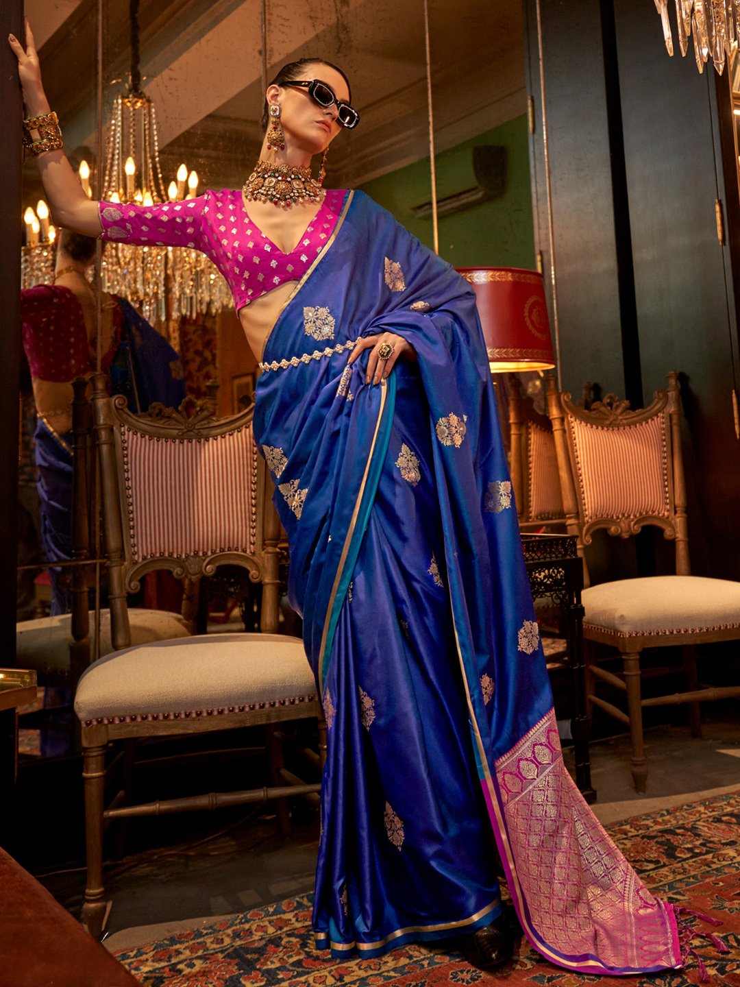 Timeless Blue Satin Floral Motifs Exclusive Saree