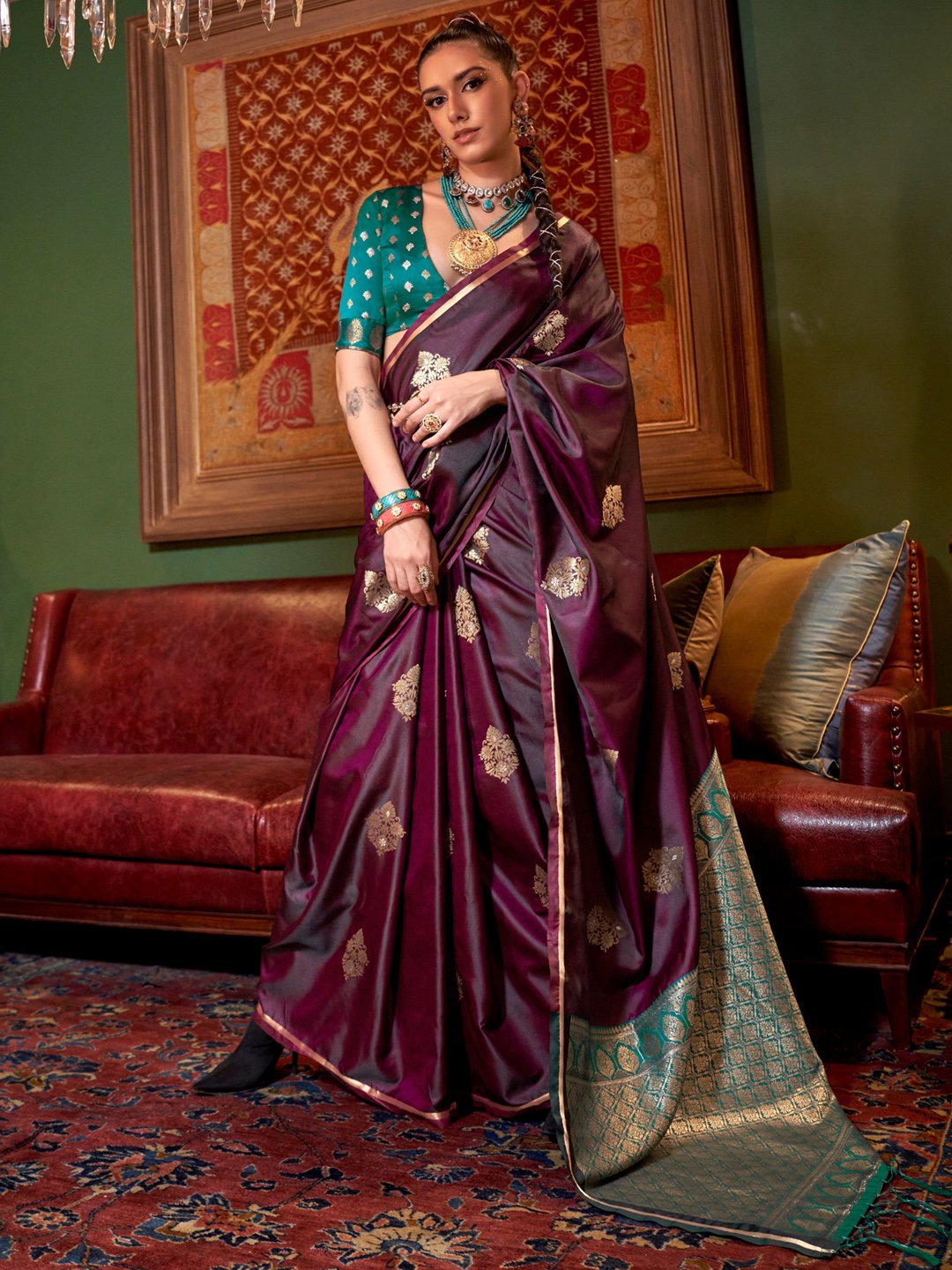 Exquisite Burgundy Satin Floral Motifs Exclusive Saree