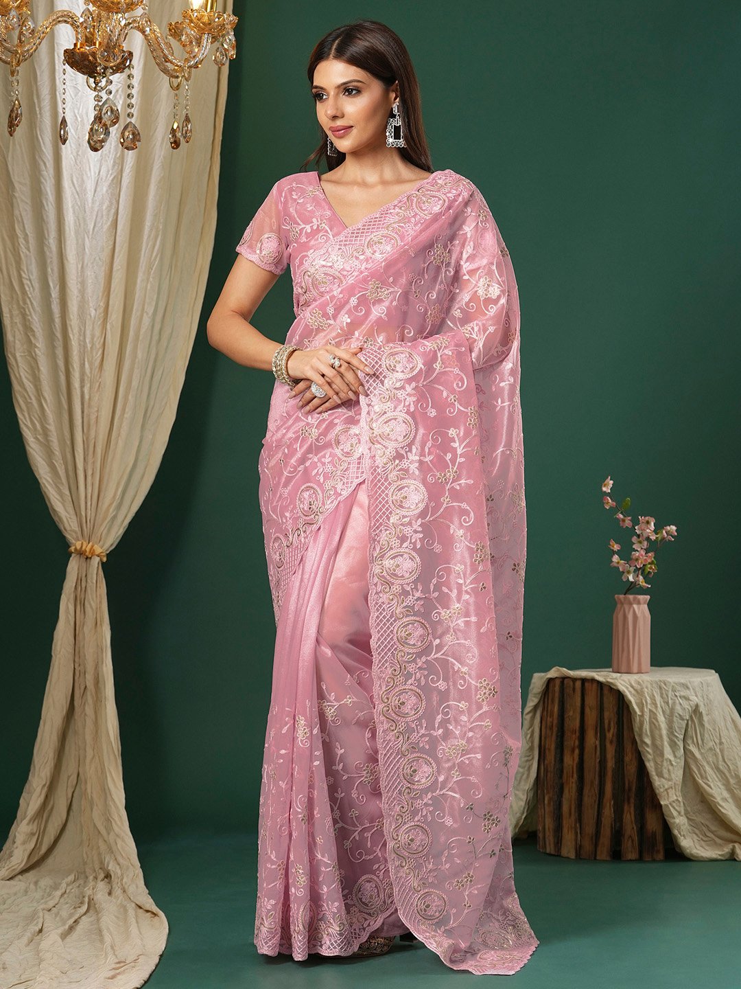 Graceful Pink Organza Zari Woven Exclusive Saree