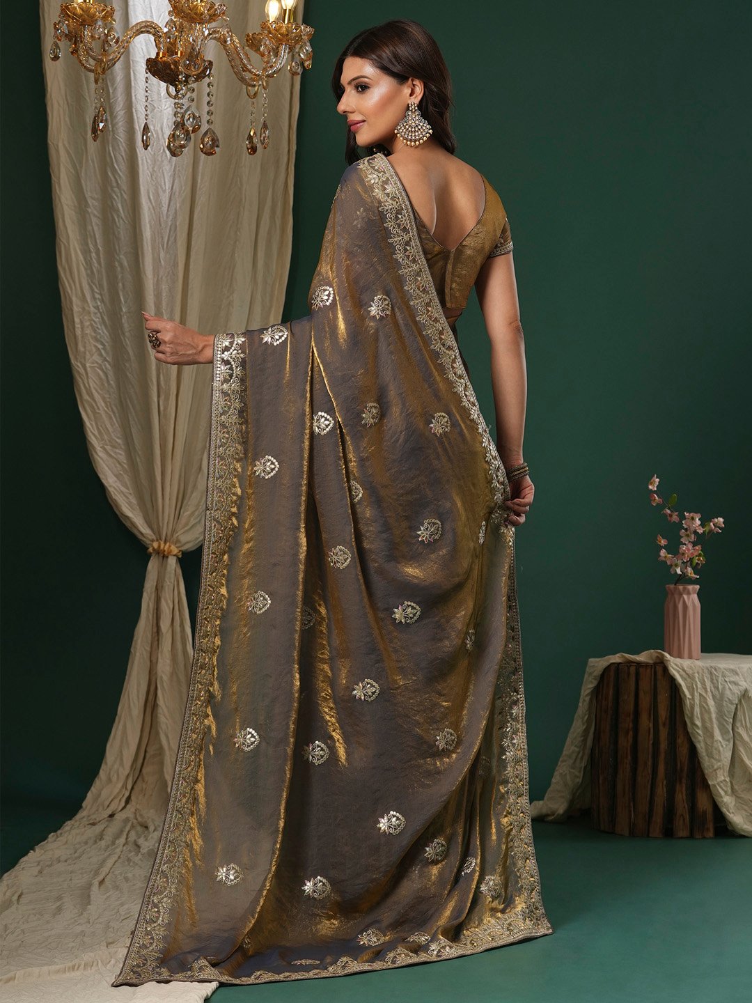 Bronze Organza Floral Saree