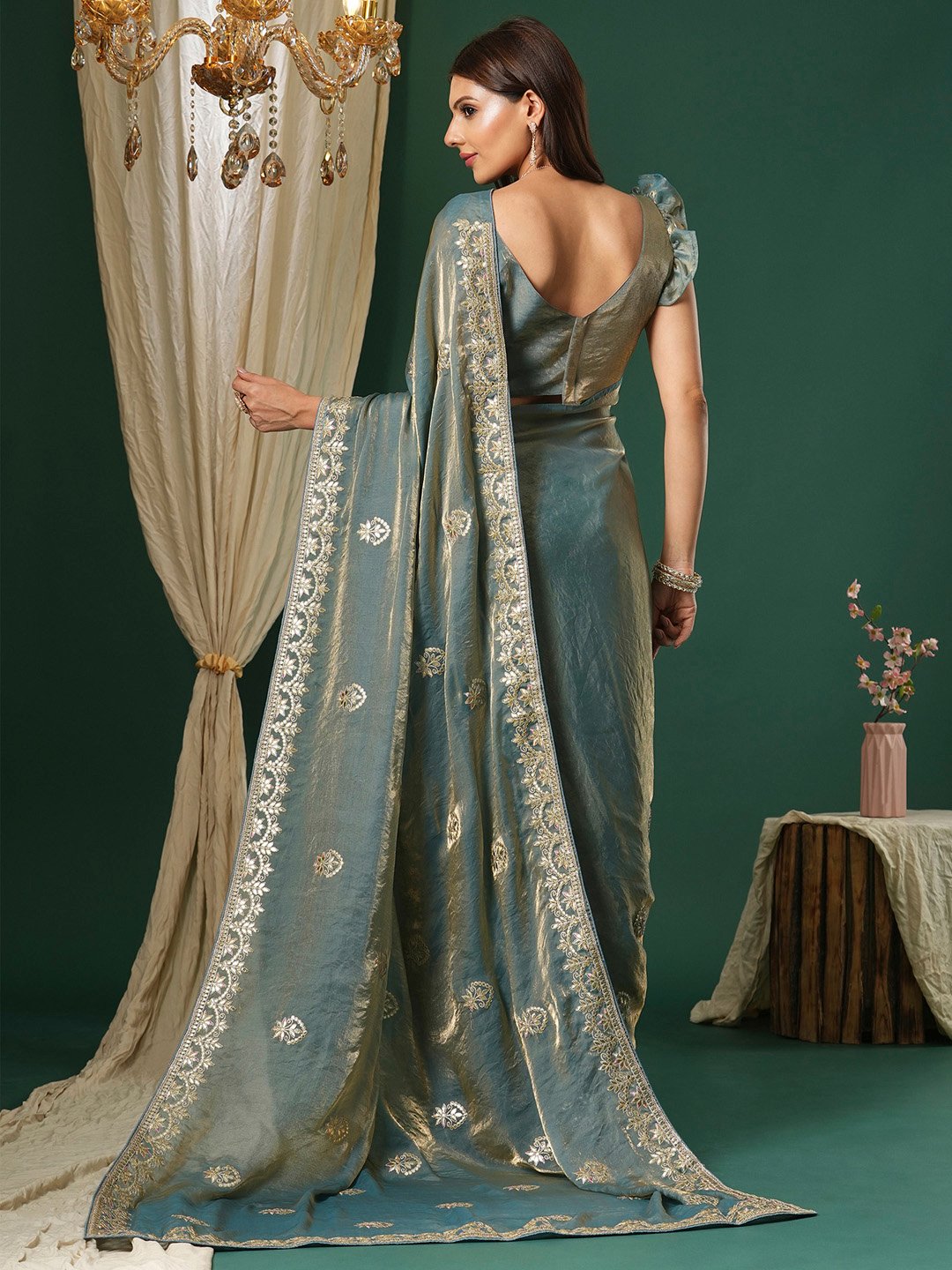 Teal Blue Organza Floral Saree