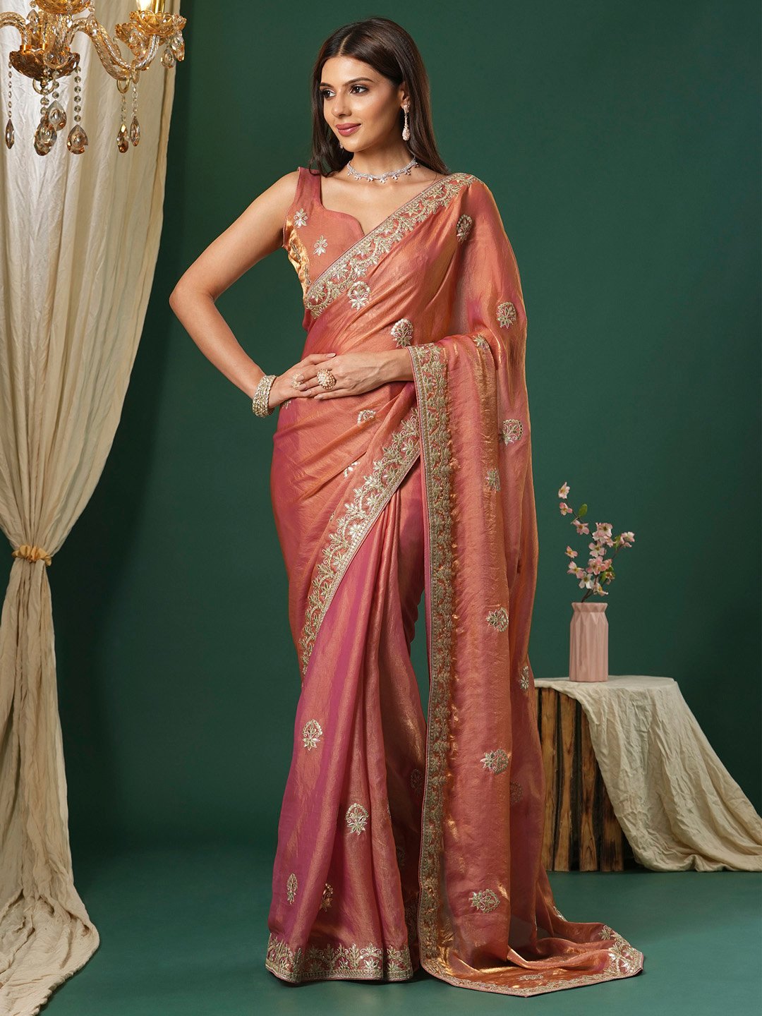 Peach Organza Floral Saree