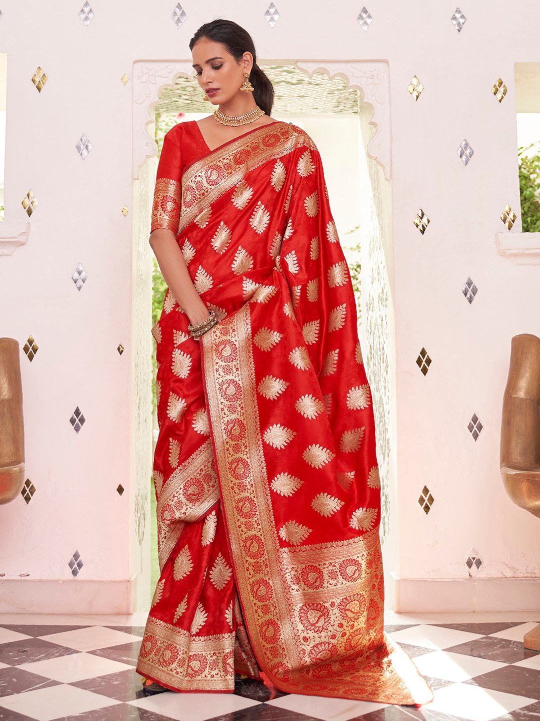 Radiant Red Satin Digital Print Saree