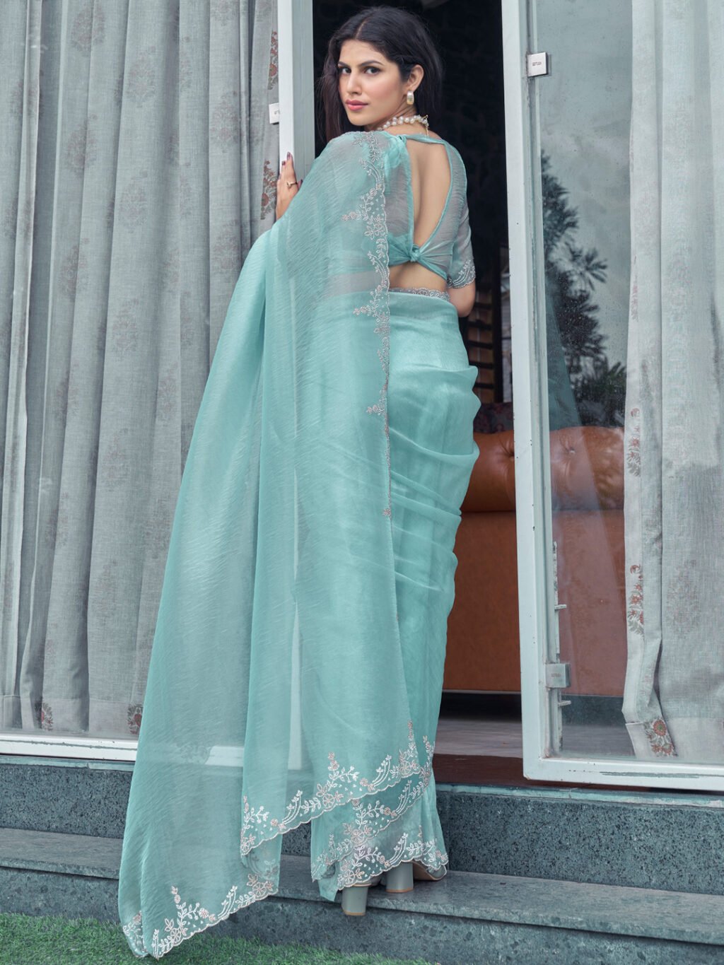 Graceful Light Blue Organza Sheer Embroidery Saree - Image 2