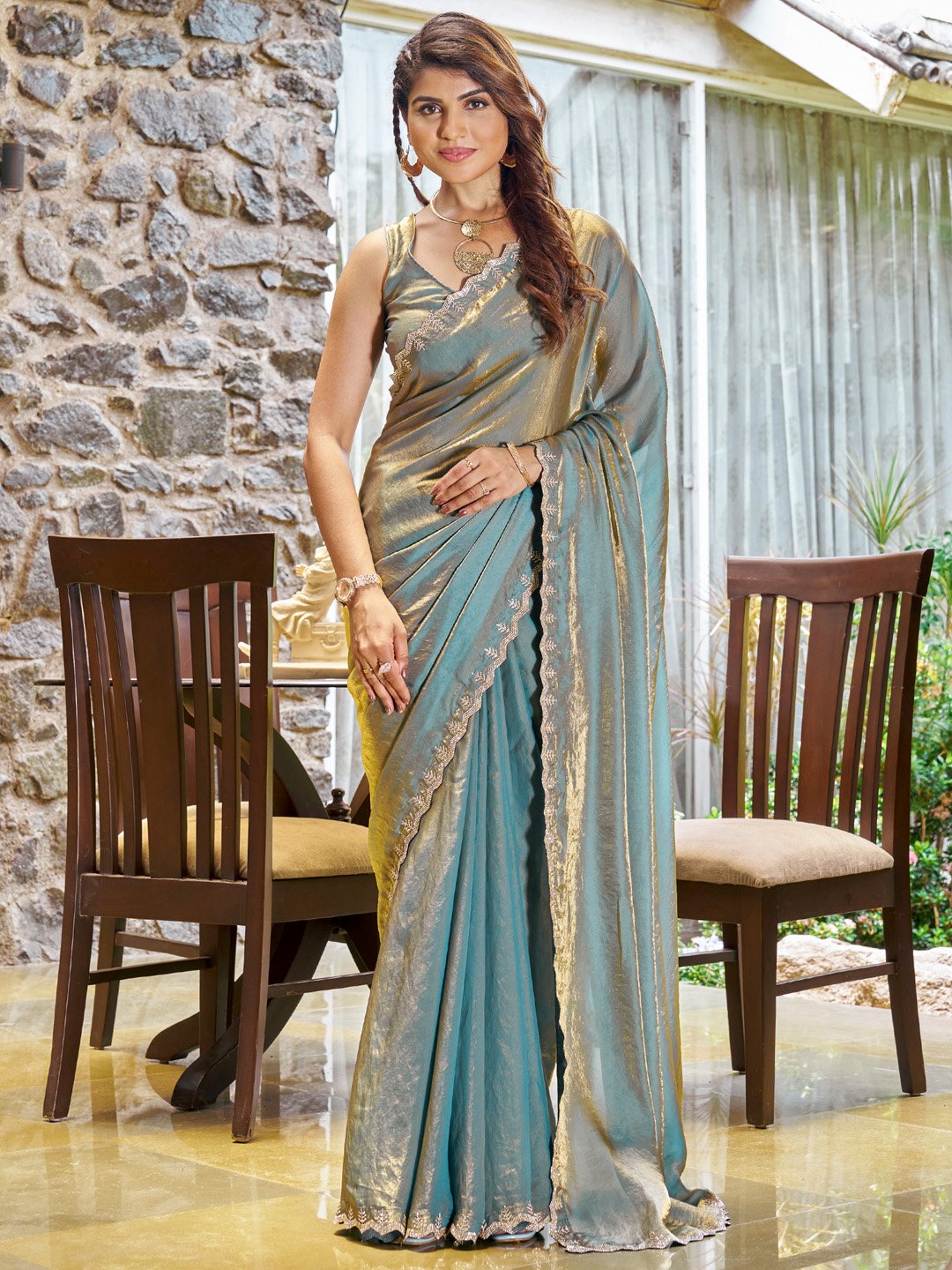Graceful Teal Blue Sheer Chiffon Floral Motifs Saree