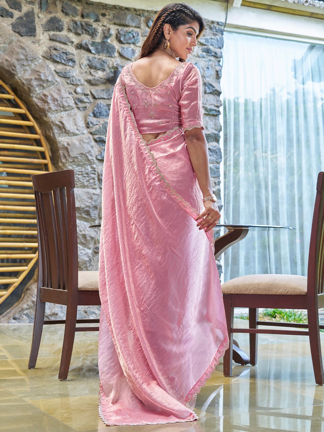 Regal Pink Sheer Chiffon Floral Motifs Exclusive Saree
