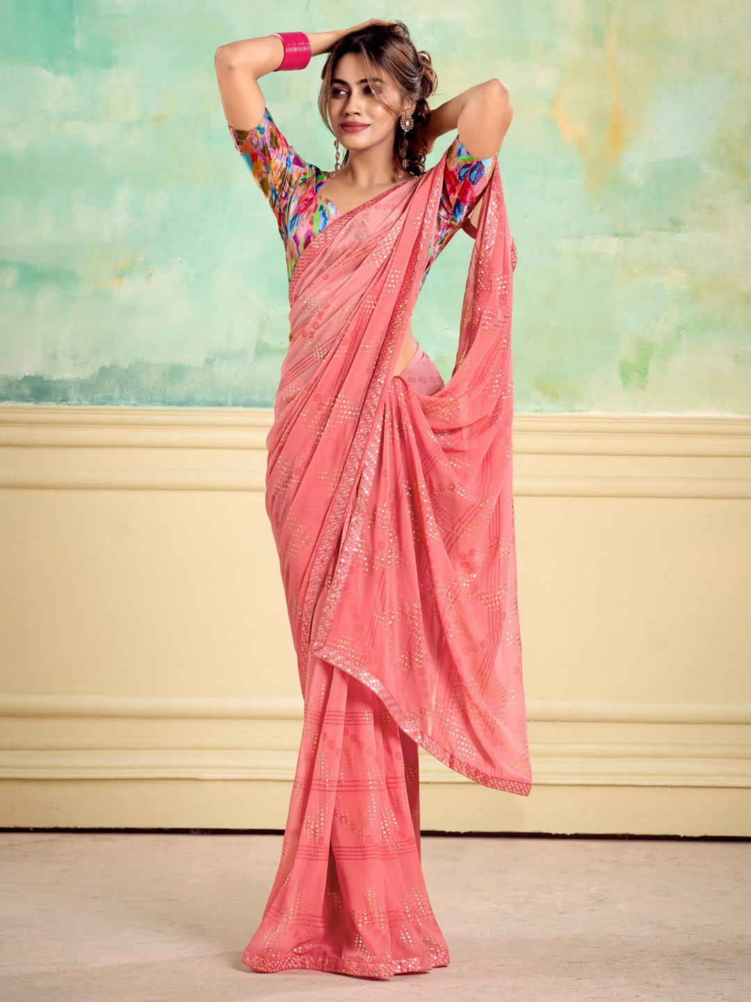 Pink Flowing Georgette Foil Saree