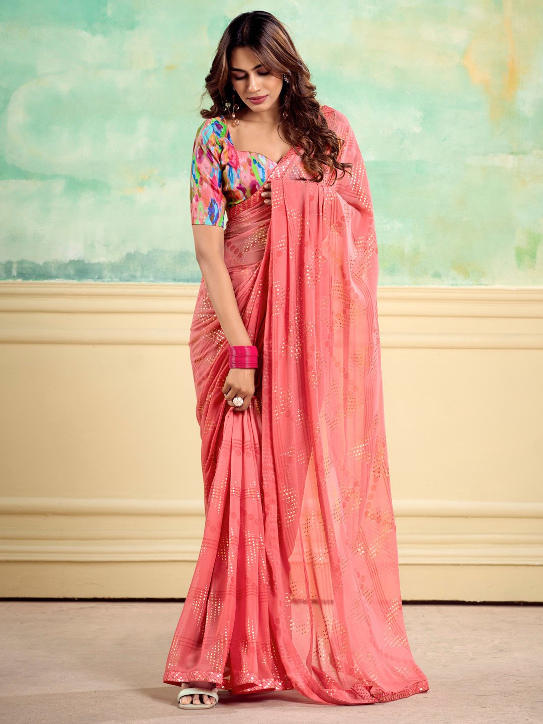 Pink Flowing Georgette Foil Saree
