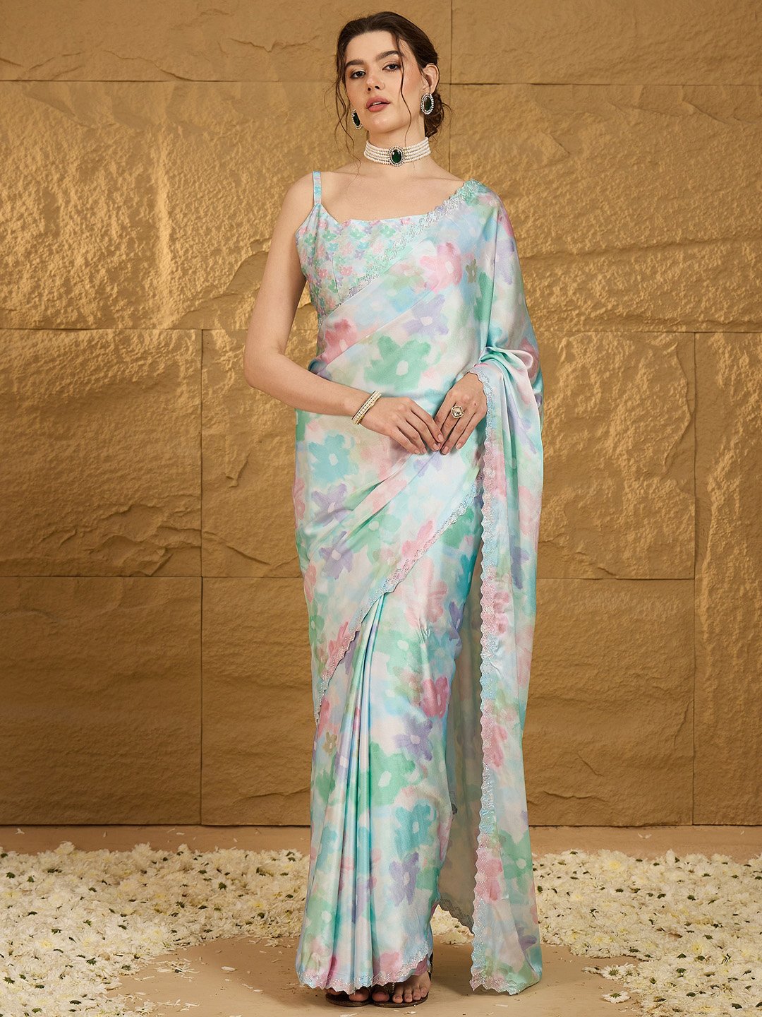 Light Blue Georgette Satin Saree