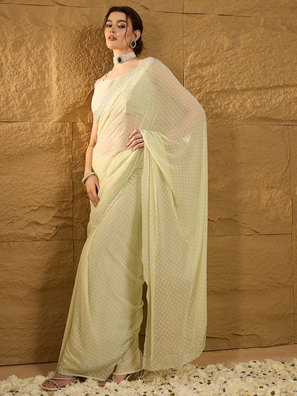 Light Green Chiffon Saree - Image 4