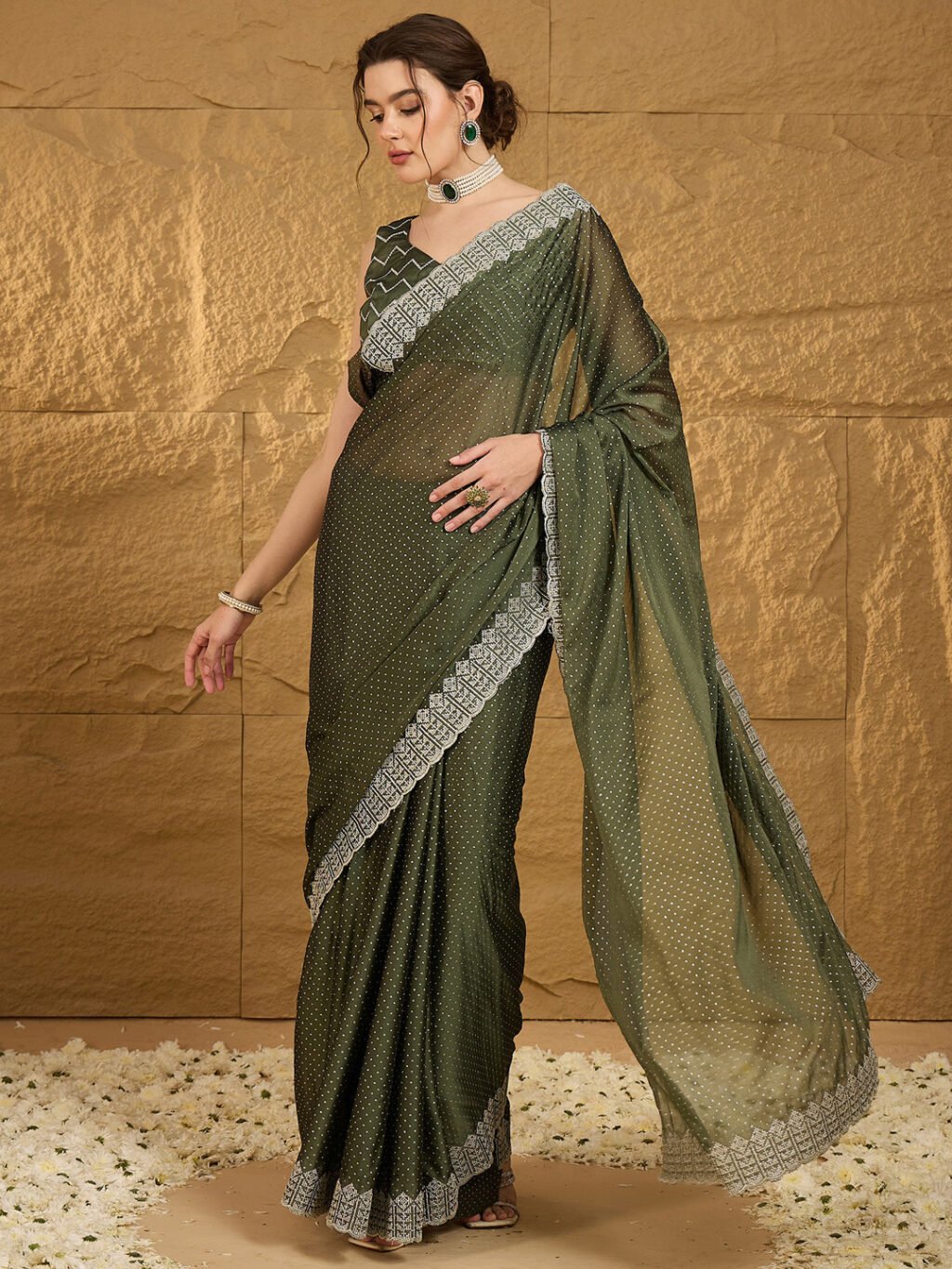 Olive Chiffon Saree - Image 4